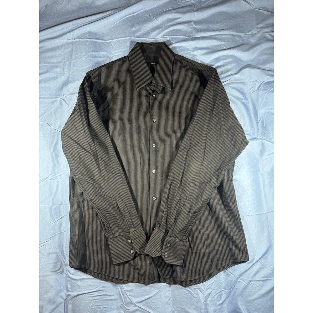 Boss Hugo Boss Men's brown Striped Long Sleeve Button Up Size XL 17 34/35